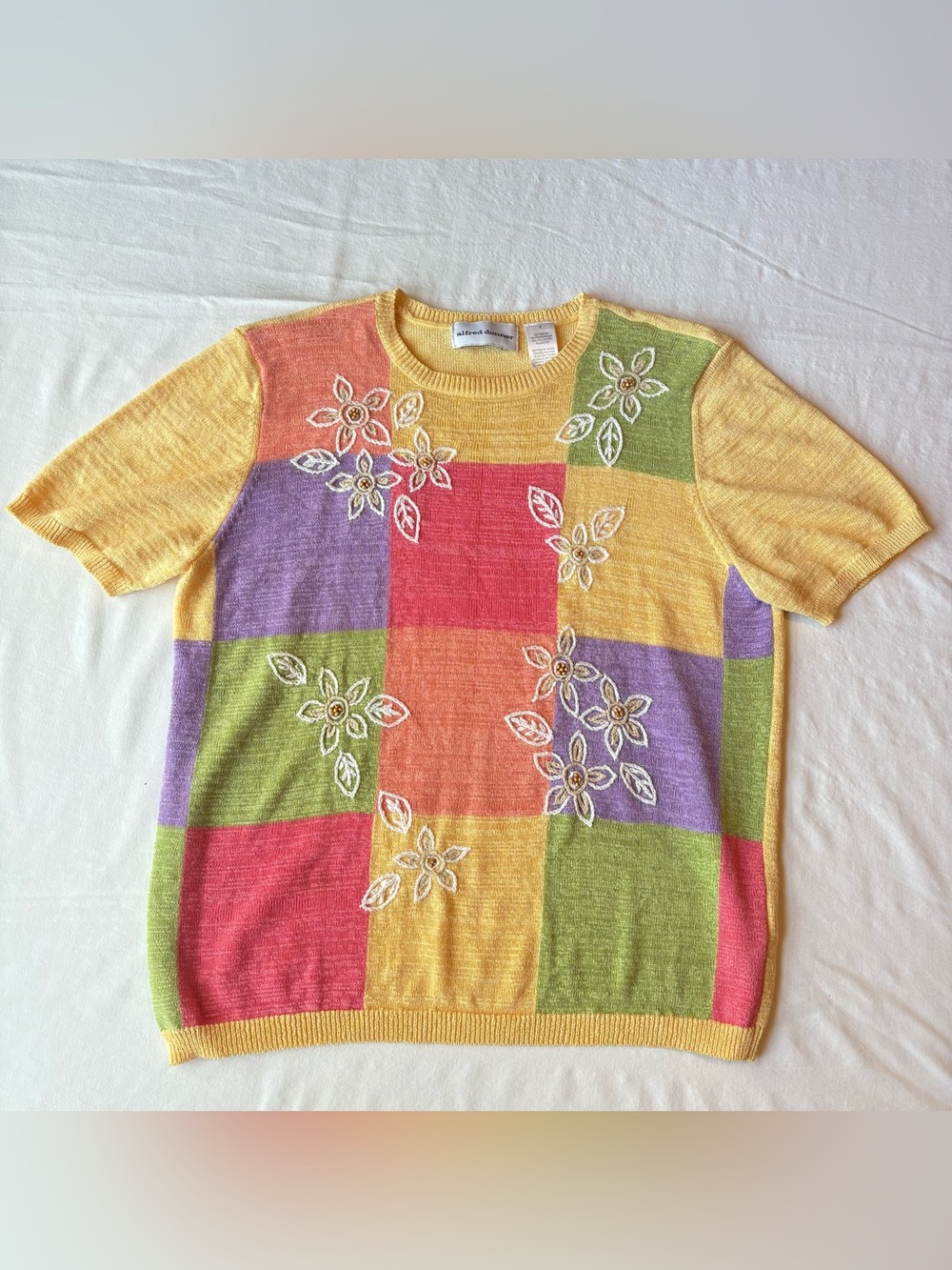 Vintage Alfred Dunner Patchwork Embroidered Short Sleeve Knit Sweater Grandmacor